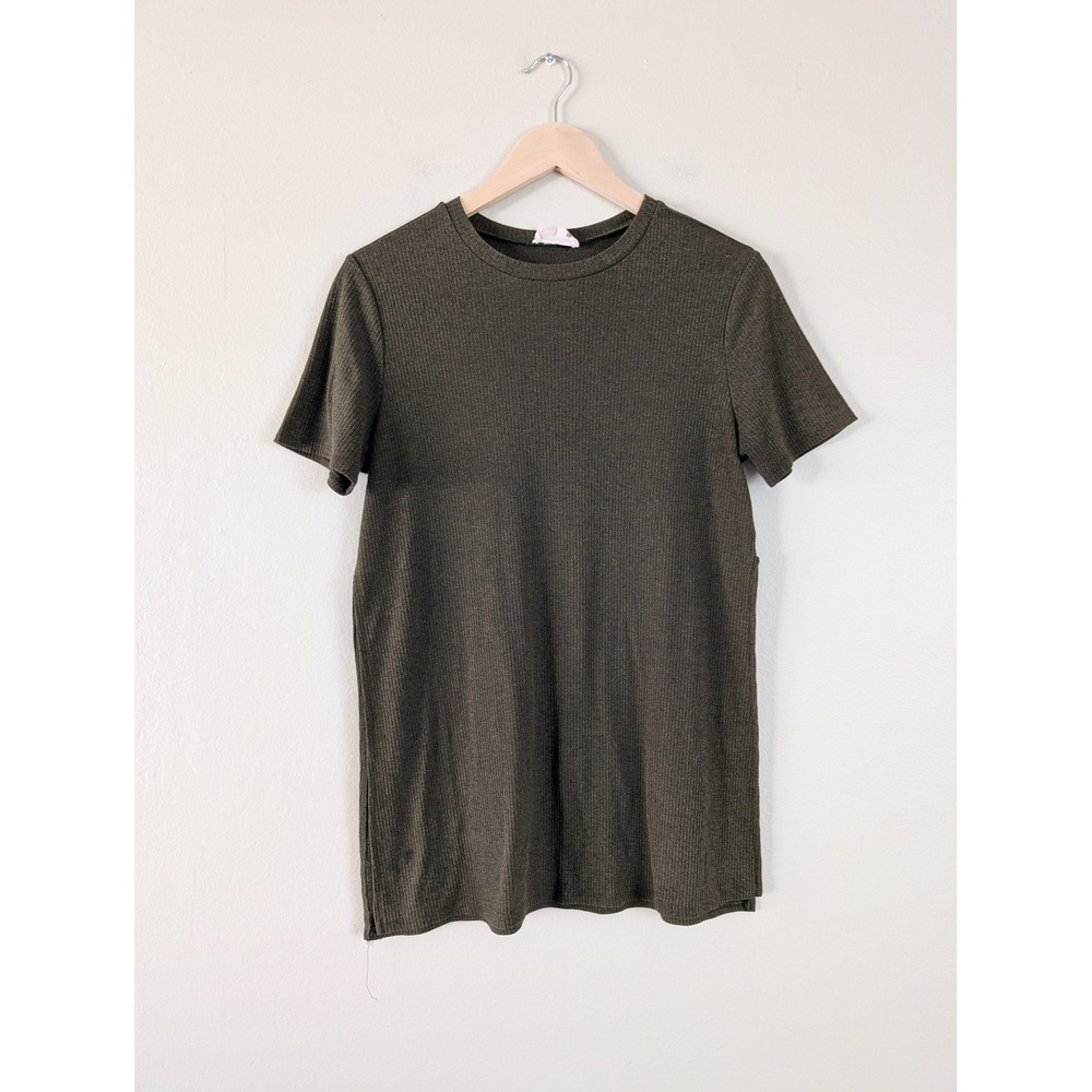Green Ribbed Short Sleeve Slit Tunic Top Juniors M‎ Goblincore Earthy Grunge